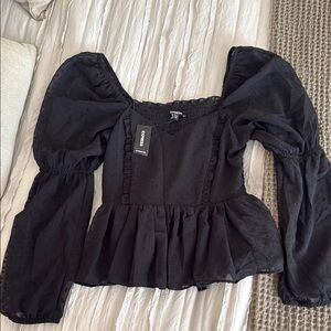 Express Black Ruffled Peplum Blouse with Long Sleeves